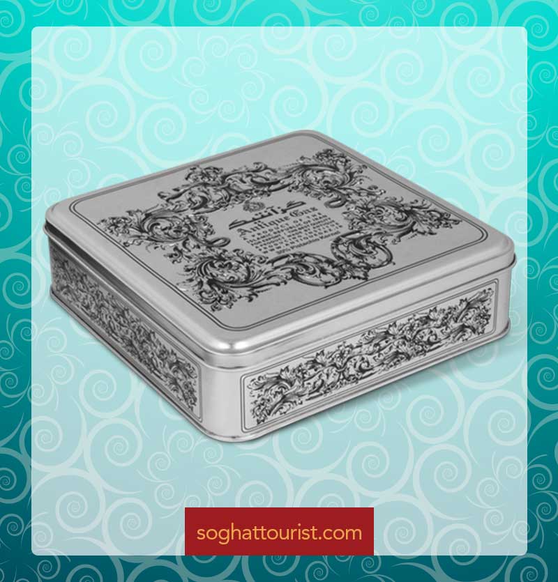 گز لقمه ای 30 درصد مغز پسته جعبه فلزی آنتیک