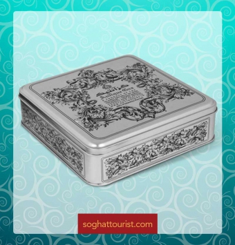 گز لقمه ای 30 درصد مغز پسته جعبه فلزی آنتیک