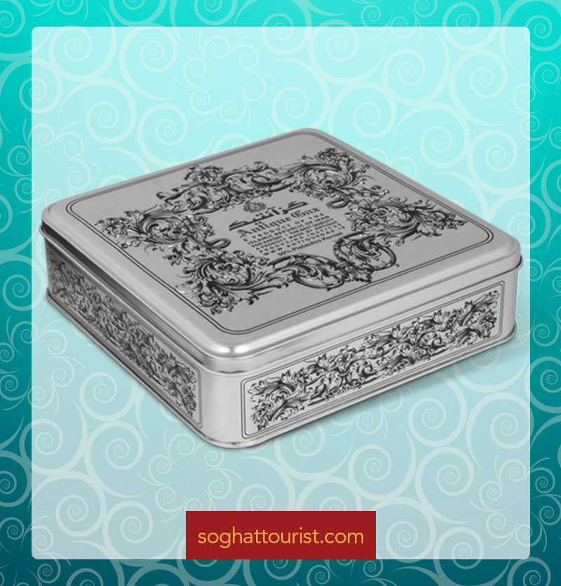 گز لقمه ای 40 درصد مغز پسته جعبه فلزی انگبینی آنتیک